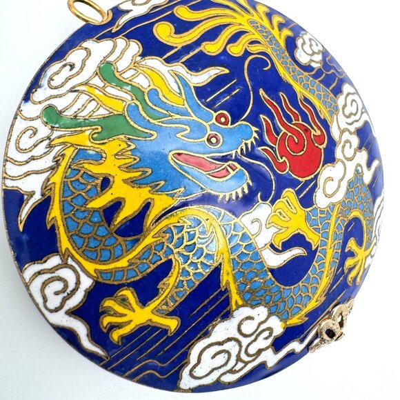Cloisonne Vtg Enamel Dragon Blue Bead Clouds Fire 2" Diameter Gold-Tone Trim - Picture 7 of 7